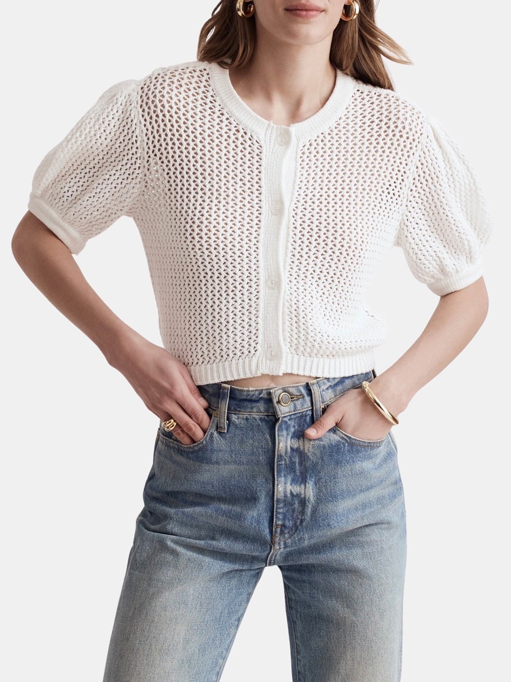 TOCCIN Crochet Cropped Short Sleeve Cardigan NWT Size L